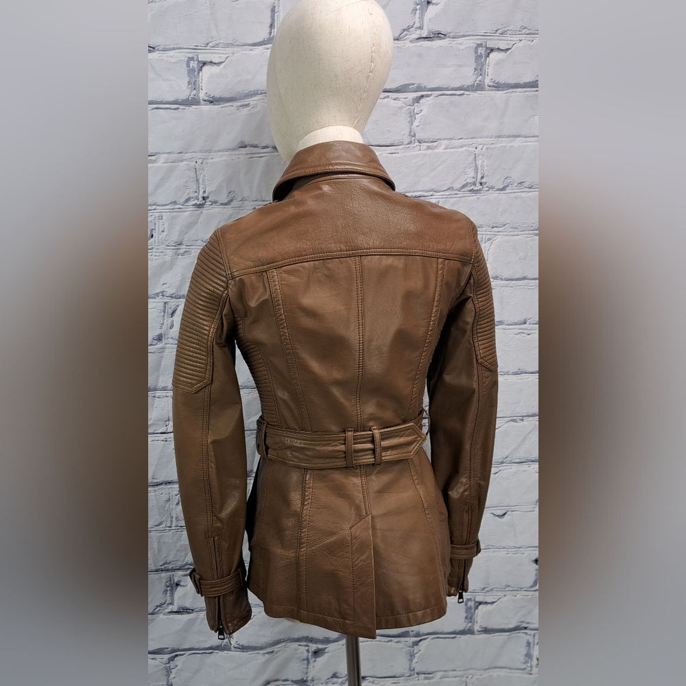 Burberry Women's 100% Calf Leather Moto Jacket Biker Brown Zip Cuffs Size 4 US - Picture 6 of 10